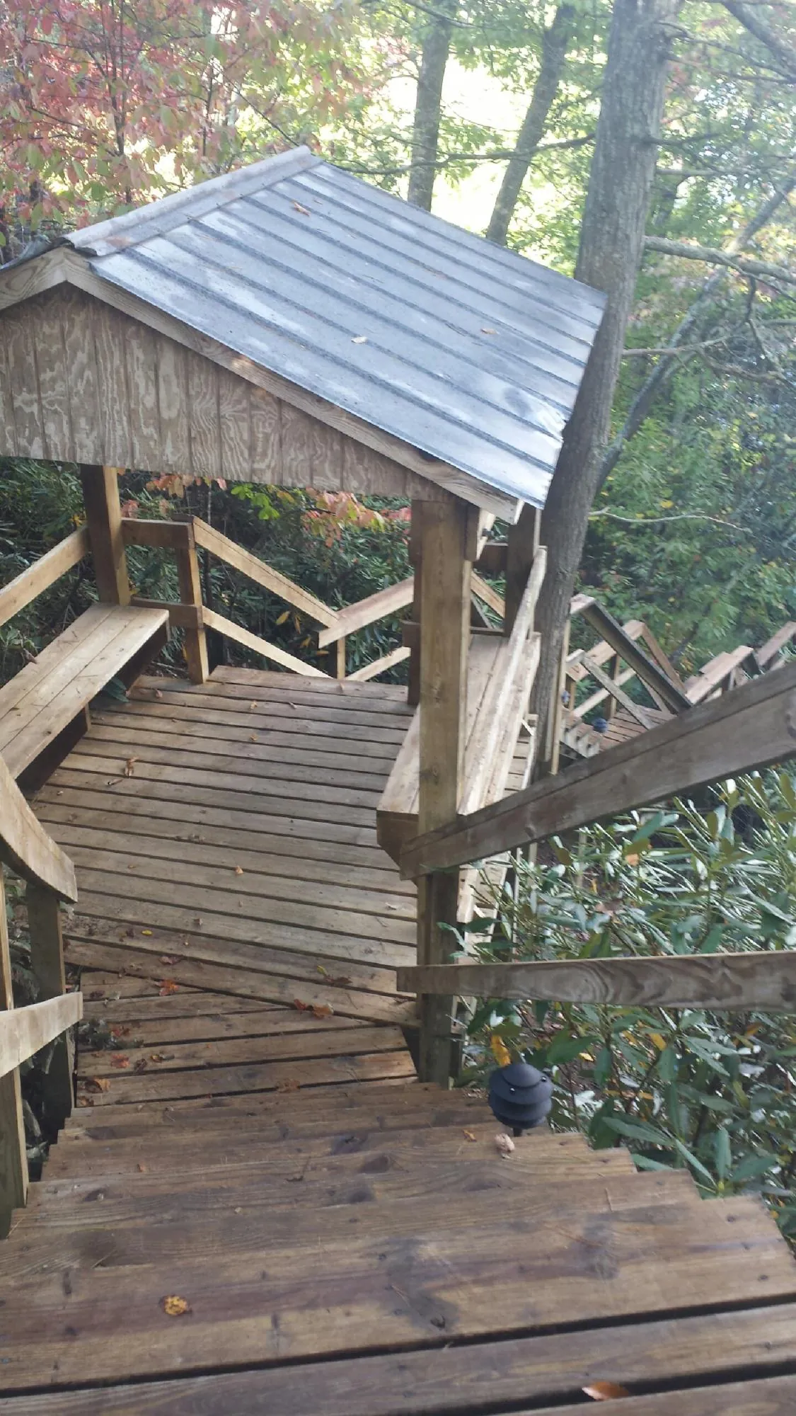 Metal roofed shelter over wooden steps on a wooded walkway — Skylight Repair & Installation work by our crew in Buford